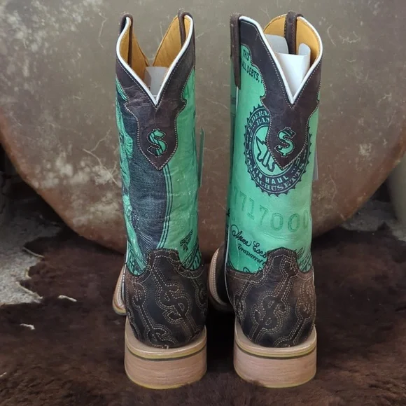 TIN HAUL men's DEUCE money themed square toe leather cowboy boot sz 13EE NWT